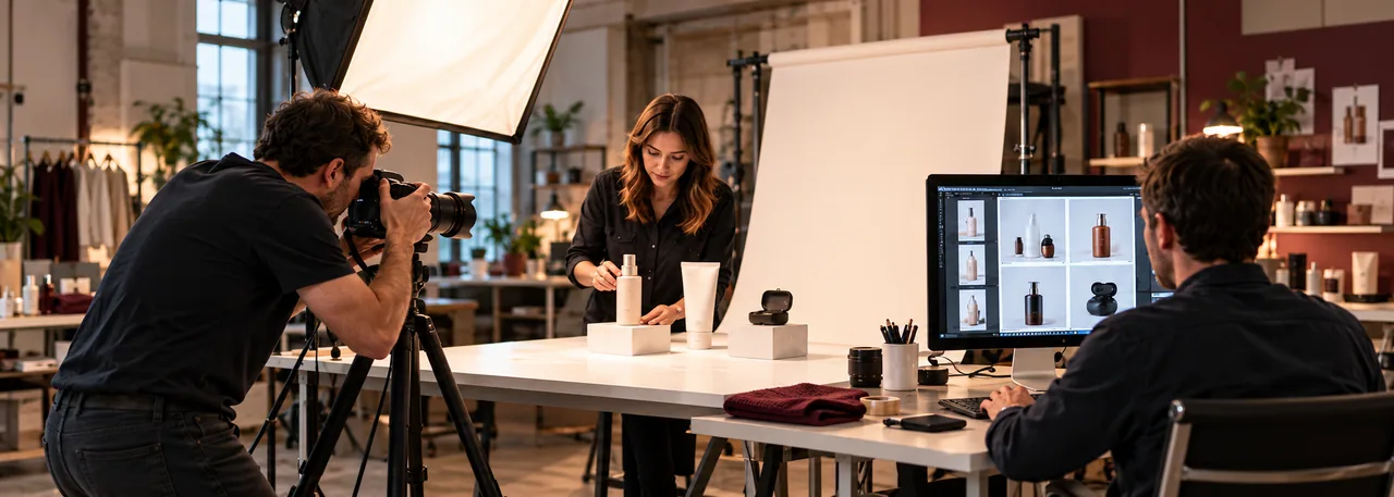 Product photography and catalogue preparation in a commerce content studio.