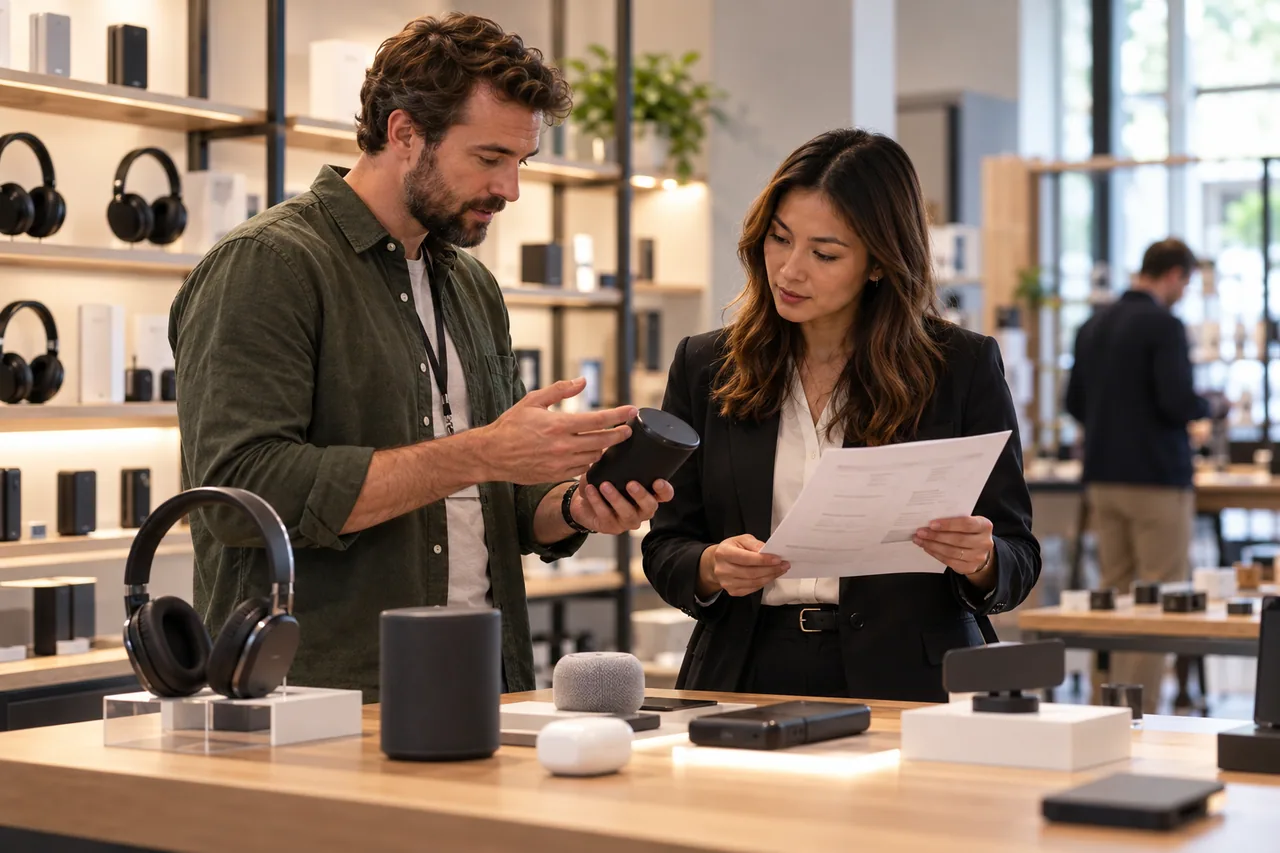 A buyer and supplier reviewing product information and retail requirements.